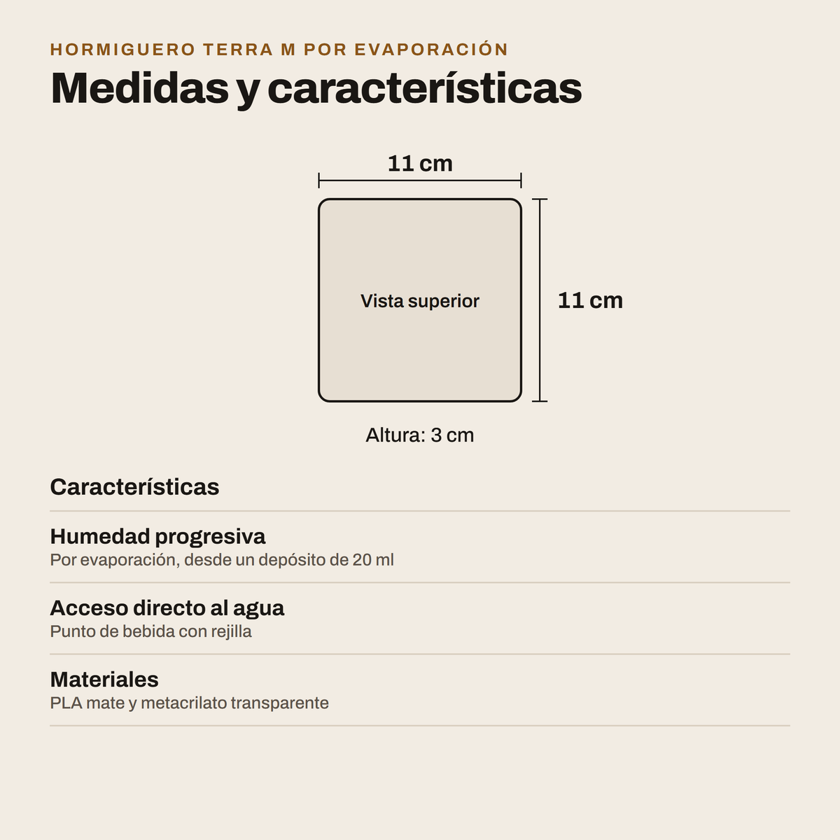 Hormiguero Terra M por Evaporación: medidas y características